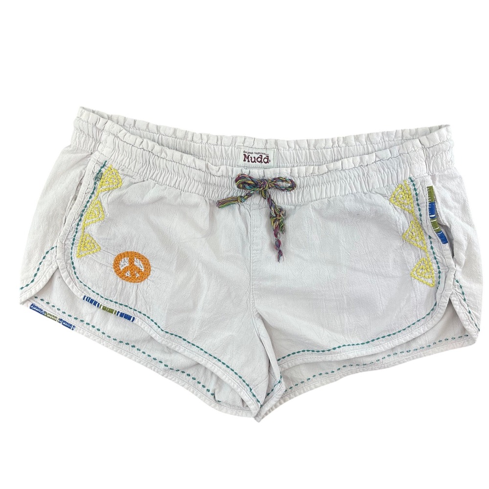 Y2K Mudd Gauze Shorts XL White Embroidered Peace Summer Boho Drawstring Beach